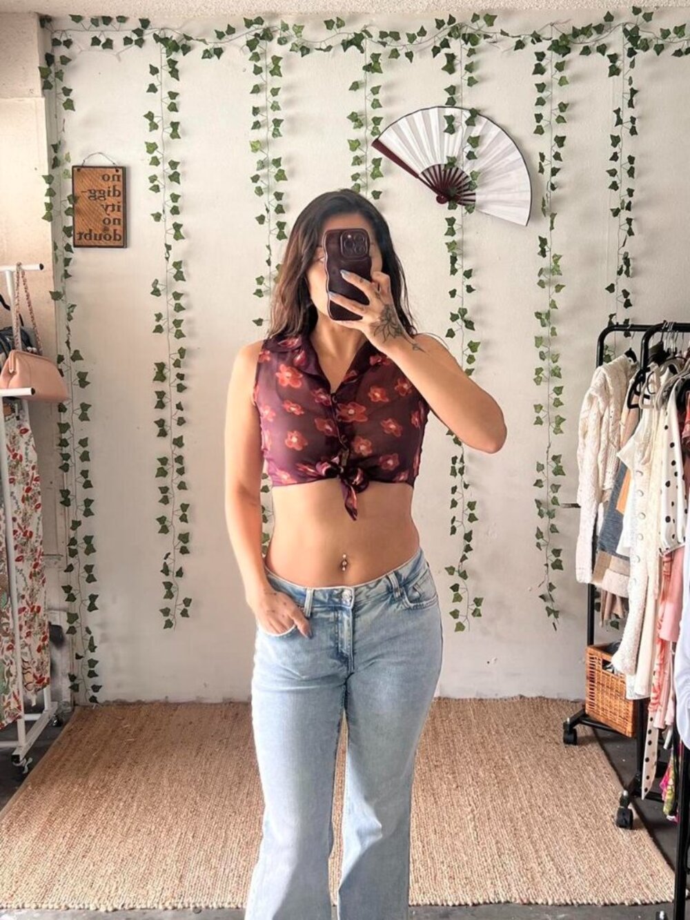 Vintage 90s M Michel Sheer Floral Tie Front Crop Top